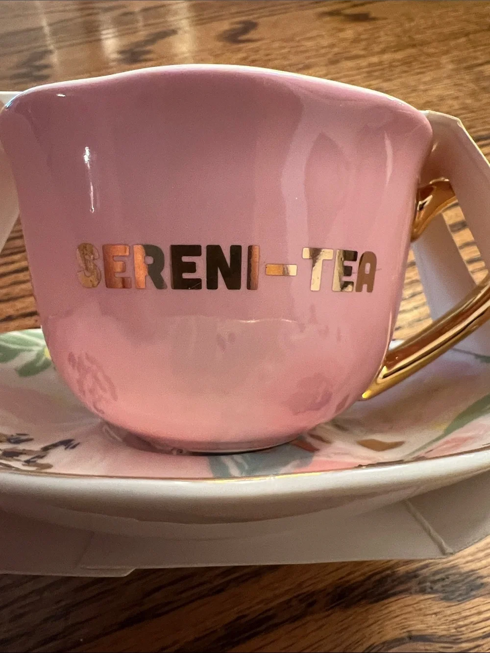 Slant Collections Pink Floral Teacup “Sereni-Tea” and Saucer Gold Handle NEW